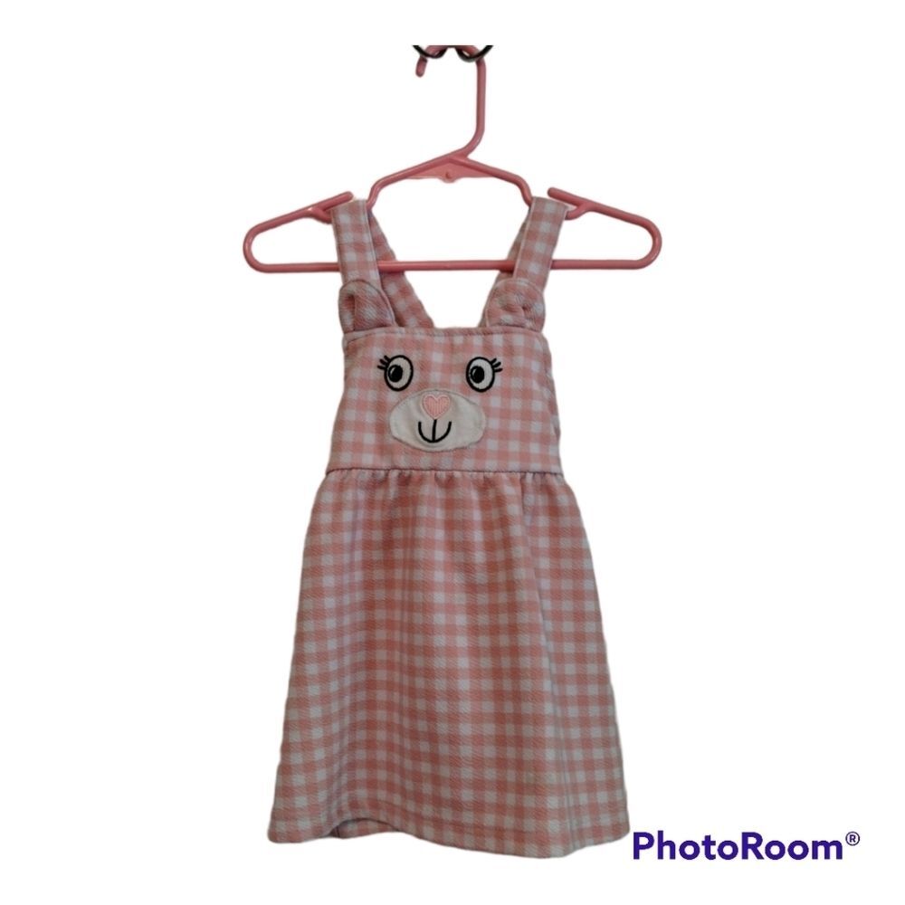 Sweet Heart Rose Toddler Girls 2T Pink Gingham Plaid Bunny Jumper Dress Apron Ov
